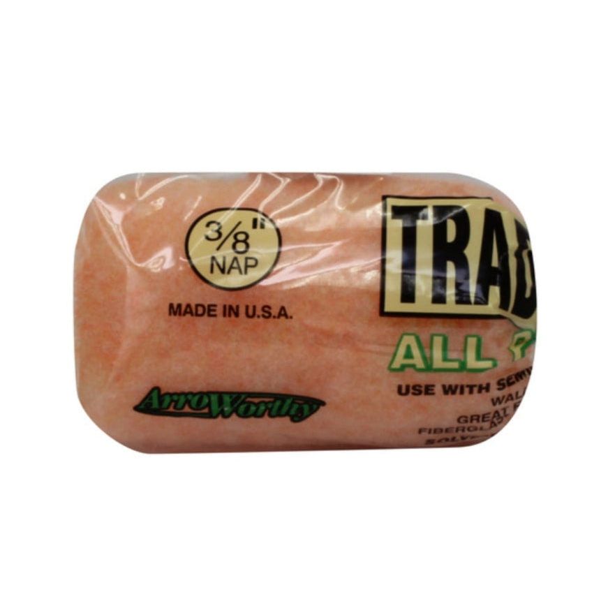 A product photo of the ARROWORTHY 4DIY3 Tradesman All Purpose Roller Cover, 4 inches x 3/8 inch, ideal for latex or oil paints. It features a solvent-resistant core for durability on semi-rough surfaces and is displayed against a plain white background.